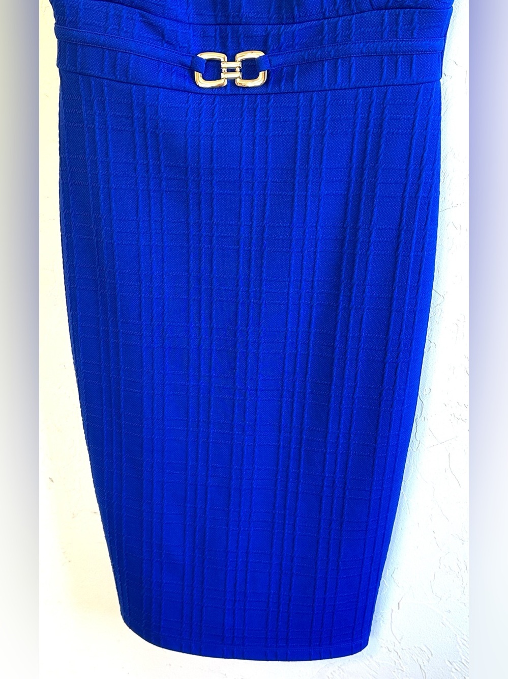 Enfocus Royal Blue Textured Sleeveless Gold Buckle Midi Dress Career Chic Sz 6 - Picture 3 of 10